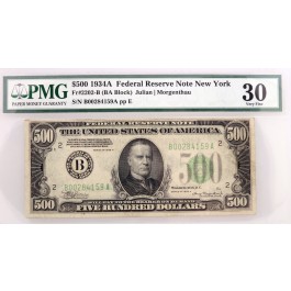 Series Of 1934 A $500 Bill FRN New York Fr#2202-B BA Block PMG VF30