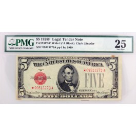 Series Of 1928 F $5 Legal Tender Note Fr#1531Wi* Wide I *A Block PMG VF25 Stain