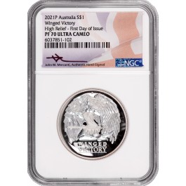 2021 P $1 AUD Proof 1 oz .999 Fine Silver Winged Victory High Relief NGC PF70 UC FDOI