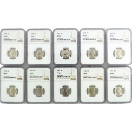 Set Of 10 1955-1964 5C Proof Jefferson Nickels NGC PF69