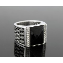 Signed EFFY 925 Sterling Silver Black Onyx Pave Diamond Ring Size 10