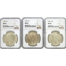 Lot Of 3 1922 $1 Silver Peace Dollars NGC MS62 MS63 MS64 Toned Spotted NR #2