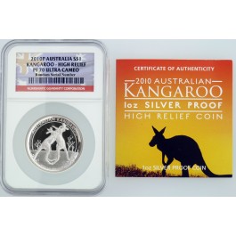 2010 P $1 AUD 1 oz .999 Silver Proof Kangaroo High Relief NGC PF70 UC With COA