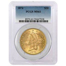 1874 $20 Liberty Head Double Eagle Gold PCGS MS61 Uncirculated Coin