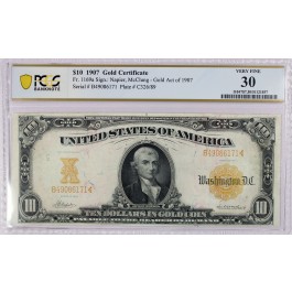 Series Of 1907 $10 Large Size Gold Certificate Fr#1169a PCGS VF30