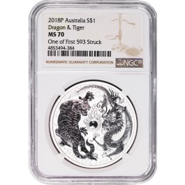 2018 P $1 AUD Australia Dragon & Tiger 1 oz Silver NGC MS70 Uncirculated