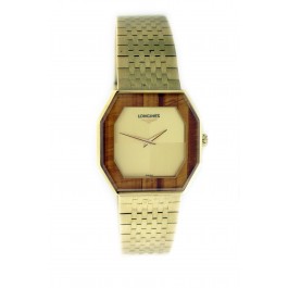 Longines PA 6105 528 32mm Gold Tone Octagonal Printed Wood Grain Mechanical Watch