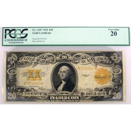 Series Of 1922 $20 Large Size Gold Certificate Note Fr#1187 PCGS VF20