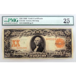 Series Of 1906 $20 Orange Seal Gold Certificate Fr#1182 PMG VF25