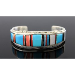 Sheryl Martinez Navajo Native American Sterling Silver Inlaid Stone Cuff Bracelet