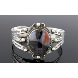 Old Pawn Navajo Native American 925 Sterling Petrified Wood Agate Cuff Bracelet 