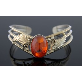 Old Pawn Signed LB Navajo Native American Sterling Silver Amber Cuff Bracelet