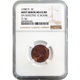 1980-P 5C Jefferson Nickel Struck On Defective 1C Blank NGC Mint Error MS65 RB 