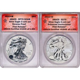 2013 W $1 Enhanced Finish Proof Silver American Eagle Set Of 2 ANACS EU70 RP70 DCAM