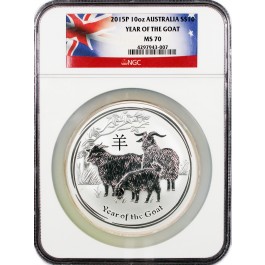 2015 P $10 AUD Australia Lunar Series II Year Of The Goat 10 oz Silver NGC MS70