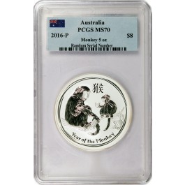2016 $8 AUD 5 oz Australian Year Of The Monkey .999 Fine Silver PCGS MS70