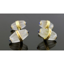 Pair Of Vintage 18k Yellow Gold Rock Crystal Quartz Cabochon Sapphire Cufflinks