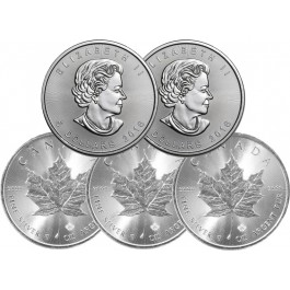 Lot of 5 - 2016 1 oz Silver Canadian Maple Leaf .9999 $5 Bullion Coins