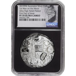 2019 1 Crown Proof  Ascension 1st Man On The Moon Ultra High Relief 2 oz Silver NGC PF70 UC FDOI