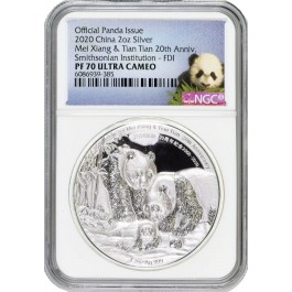 2020 Proof 2 oz .999 Fine Silver China Panda Mei Xiang & Tian Tian NGC PF70 UC FDI