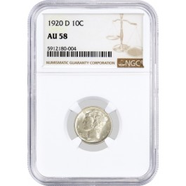 1920 D 10C Silver Mercury Dime NGC AU58 About Uncirculated Key Date Coin