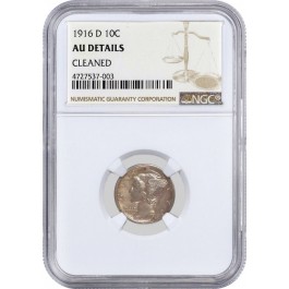 1916 D 10C Mercury Silver Dime NGC AU Details Cleaned