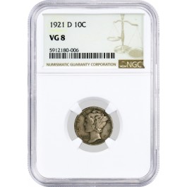 1921 D 10C Silver Mercury Dime NGC VG8 Very Good Circulated Key Date Coin #006