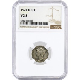 1921 D 10C Silver Mercury Dime NGC VG8 Very Good Circulated Key Date Coin #009