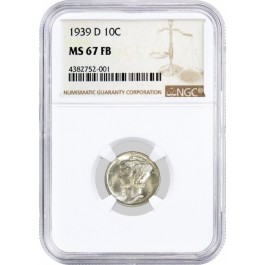 1939 D 10C Mercury Silver Dime NGC MS67 FB Full Split Band Gem Uncirculated Coin