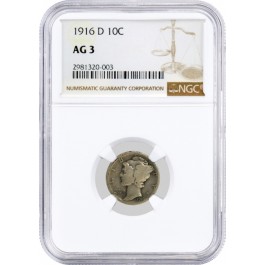 1916 D 10C Mercury Dime Silver NGC AG3 About Good Circulated Key Date Coin