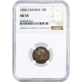 1858 10C Canada Queen Victoria 10 Cents Silver NGC AU55 About Uncirculated Coin