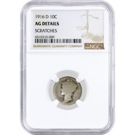 1916 D 10C Mercury Dime Silver NGC AG Details Scratches Key Date Coin