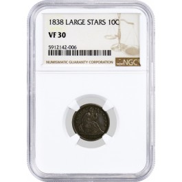 1838 Large Stars 10C Seated Liberty Dime Silver NGC VF30 Circulated Coin