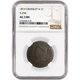 1814 Crosslet 4 1C Classic Head Large Cent S-294 NGC AG3 BN Circulated Coin
