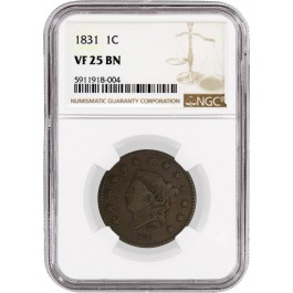 1831 1C Coronet Matron Head Large Cent Lg Letters NGC VF25 BN Circulated Coin