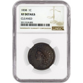 1838 1C Coronet Young Matron Head Large Cent NGC XF Details Cleaned Coin