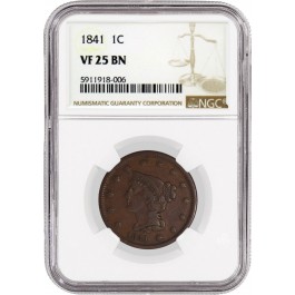 1841 1C Braided Hair Large Cent NGC VF25 BN Brown Circulated Coin