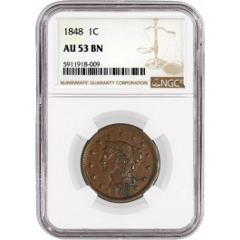 1848 1C Braided Hair Large Cent NGC AU53 BN Brown About Uncirculated Coin