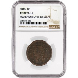 1848 1C Braided Hair Large Cent NGC XF Details Environmental Damage Coin