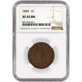 1849 1C Braided Hair Large Cent NGC XF45 BN Extremely Fine Circulated Coin