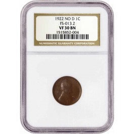 1922 NO D Strong Reverse 1C Lincoln Wheat Cent FS-013.2 FS-401 NGC VF30 BN Brown