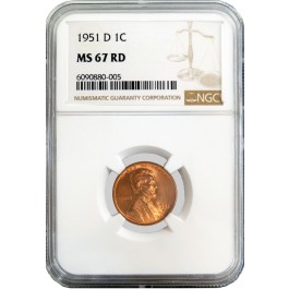 1951 D 1C Lincoln Wheat Cent NGC MS67 RD Red Gem Uncirculated Coin