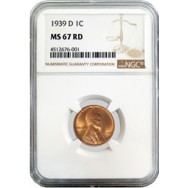 1939 D 1C Lincoln Wheat Cent NGC MS67 RD Red Gem Uncirculated Coin