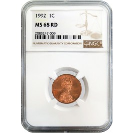 1992 1C Lincoln Memorial Cent NGC MS68 RD Red Gem Uncirculated Coin