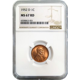 1952 D 1C Lincoln Wheat Cent NGC MS67 RD Red Gem Uncirculated Coin