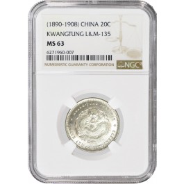 1890-1908 L&M-135 20C China Kwangtung Mint 20 Cents Silver NGC MS63 Coin