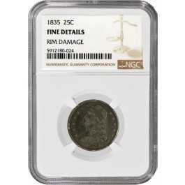 1835 25C Capped Bust Quarter Silver NGC Fine Details Rim Damage Coin