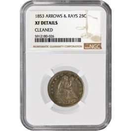 1853 Arrows & Rays 25C Seated Liberty Quarter Silver NGC XF Details Cleaned Coin