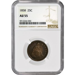 1858 25C Seated Liberty Quarter Silver NGC AU55 About Uncirculated Coin