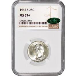 1945 S 25C Silver Washington Quarter NGC MS67+ CAC Gem Uncirculated Coin 